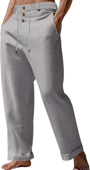 Men's Linen Drawstring Pants Lightweight Flat Front Button Summer Pant Regular Fit Beach Office Business Trousers