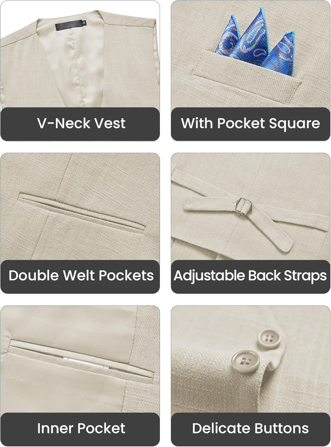 Men’s Linen Suit Slim Fit 2 Piece Lightweight Summer Suits Wedding Vest Pants Set with Pocket Square