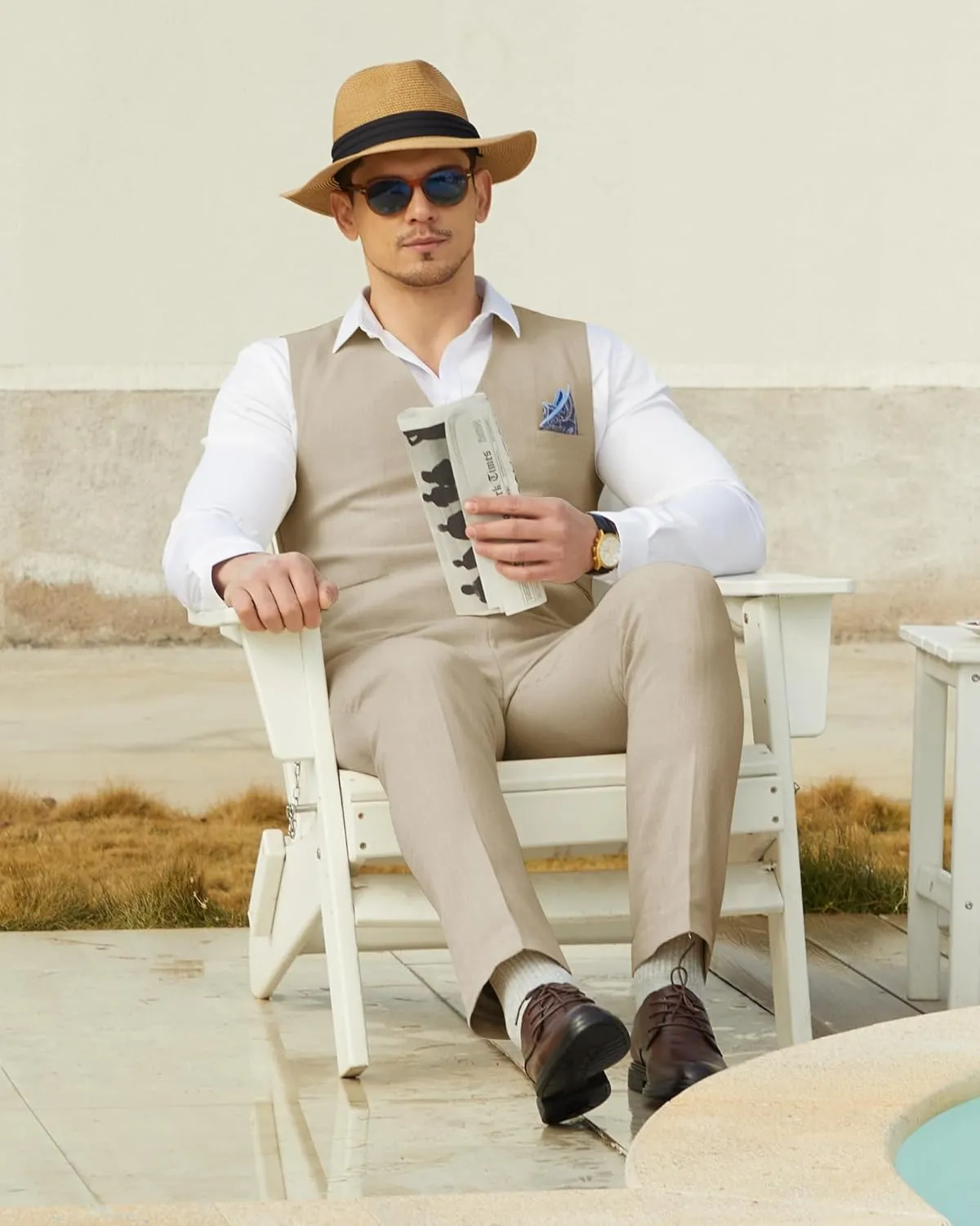 Men’s Linen Suit Slim Fit 2 Piece Lightweight Summer Suits Wedding Vest Pants Set with Pocket Square
