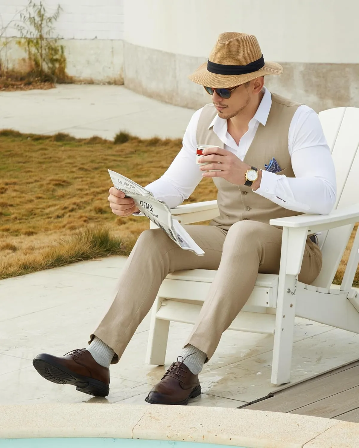 Men’s Linen Suit Slim Fit 2 Piece Lightweight Summer Suits Wedding Vest Pants Set with Pocket Square