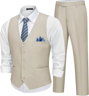 Men’s Linen Suit Slim Fit 2 Piece Lightweight Summer Suits Wedding Vest Pants Set with Pocket Square