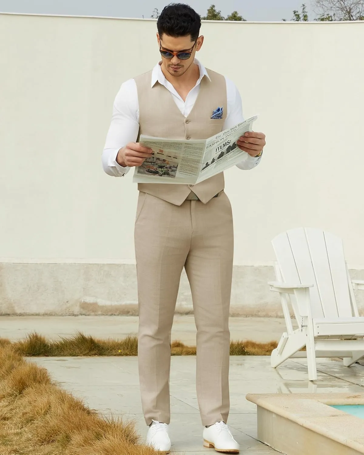 Men’s Linen Suit Slim Fit 2 Piece Lightweight Summer Suits Wedding Vest Pants Set with Pocket Square
