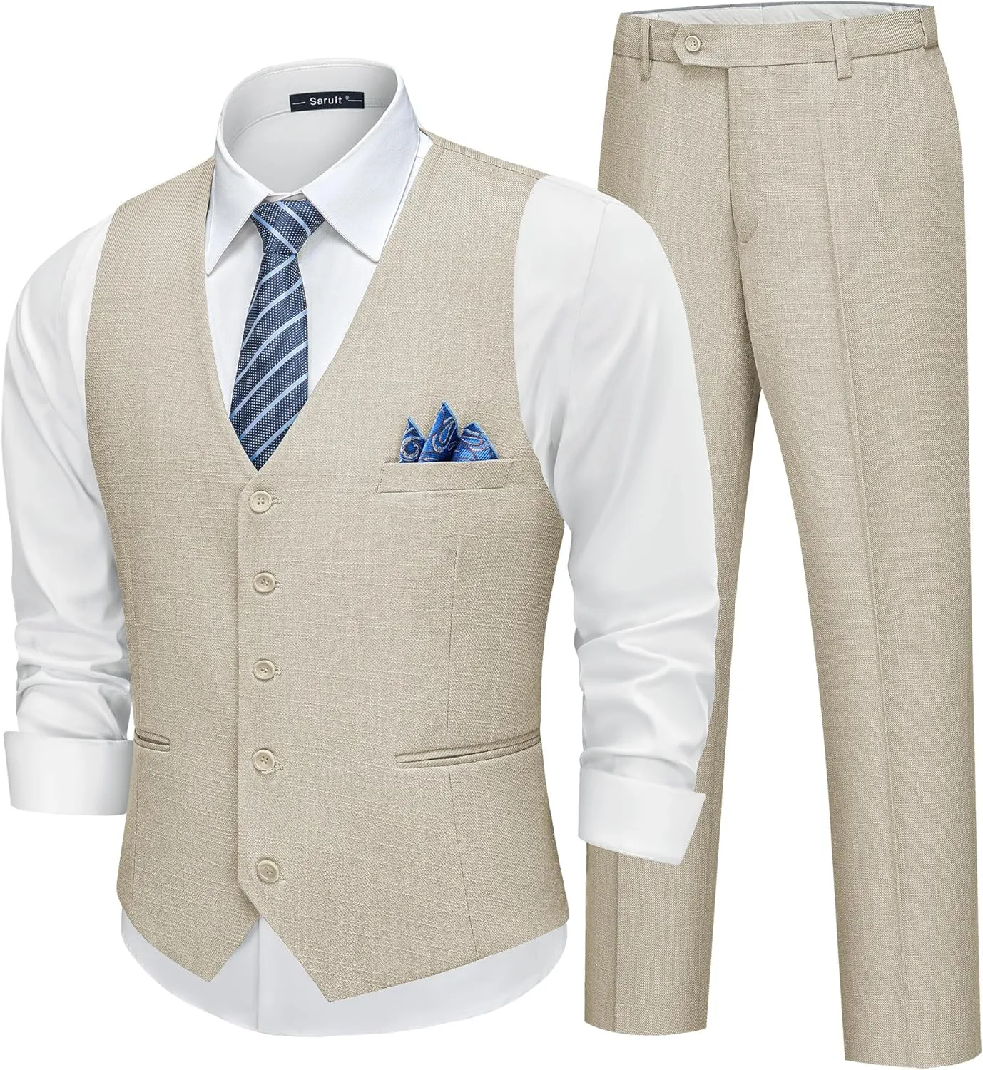 Men’s Linen Suit Slim Fit 2 Piece Lightweight Summer Suits Wedding Vest Pants Set with Pocket Square