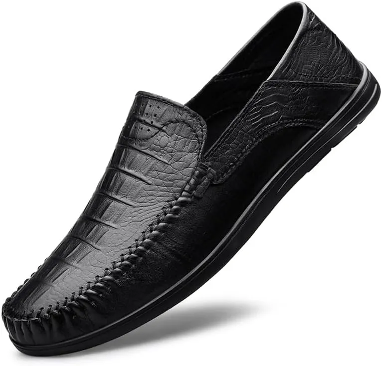 Men's Loafers Round Toe Leather Crocodile Print Loafer Shoes Lightweight Comfortable Anti-Slip Outdoor Slip-on
