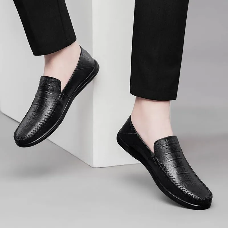 Men's Loafers Round Toe Leather Crocodile Print Loafer Shoes Lightweight Comfortable Anti-Slip Outdoor Slip-on