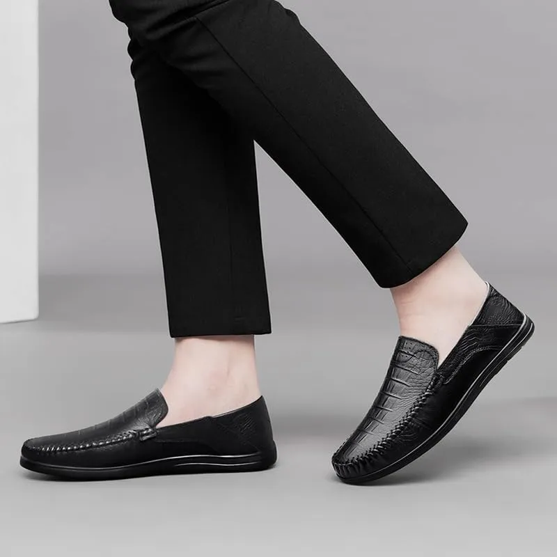 Men's Loafers Round Toe Leather Crocodile Print Loafer Shoes Lightweight Comfortable Anti-Slip Outdoor Slip-on
