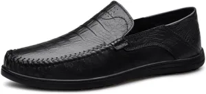 Men's Loafers Round Toe Leather Crocodile Print Loafer Shoes Lightweight Comfortable Anti-Slip Outdoor Slip-on