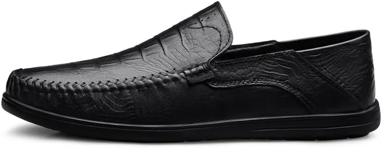 Men's Loafers Round Toe Leather Crocodile Print Loafer Shoes Lightweight Comfortable Anti-Slip Outdoor Slip-on