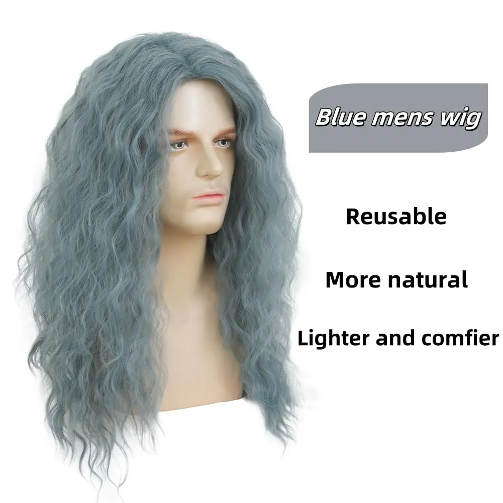 Mens Long Light Blue Curly Wave Wig 70s 80s Costume Wig Cosplay Anime Rocker Costume Party Male Hair Wigs