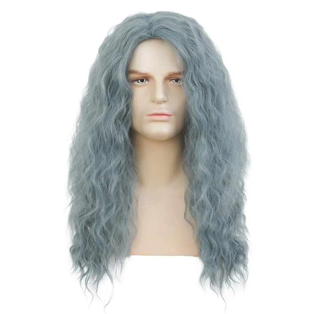 Mens Long Light Blue Curly Wave Wig 70s 80s Costume Wig Cosplay Anime Rocker Costume Party Male Hair Wigs