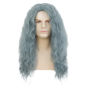 Mens Long Light Blue Curly Wave Wig 70s 80s Costume Wig Cosplay Anime Rocker Costume Party Male Hair Wigs