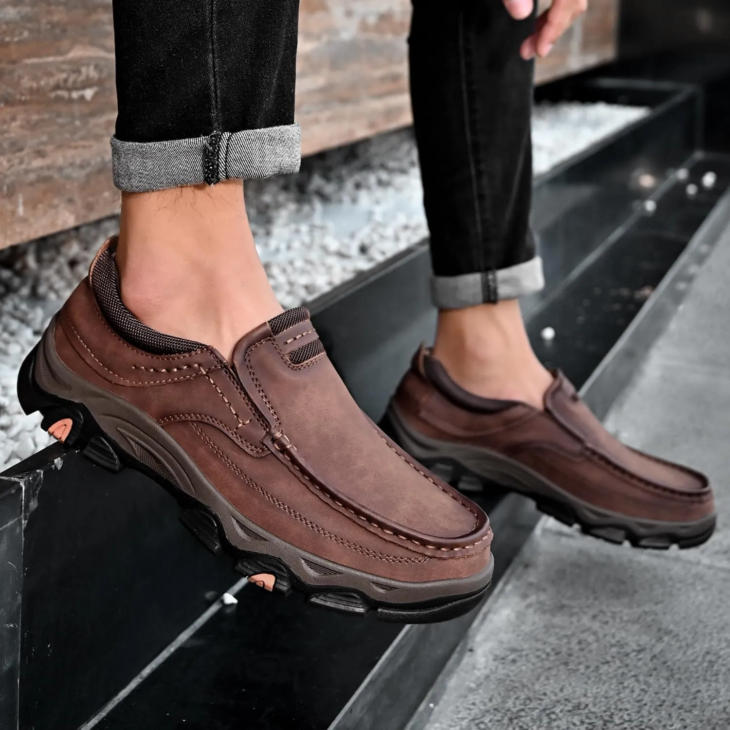 Men's Orthopedic Walking Shoes Genuine Leather Slip On Loafers, Comfortable Non-Slip Driving Loafers for Men