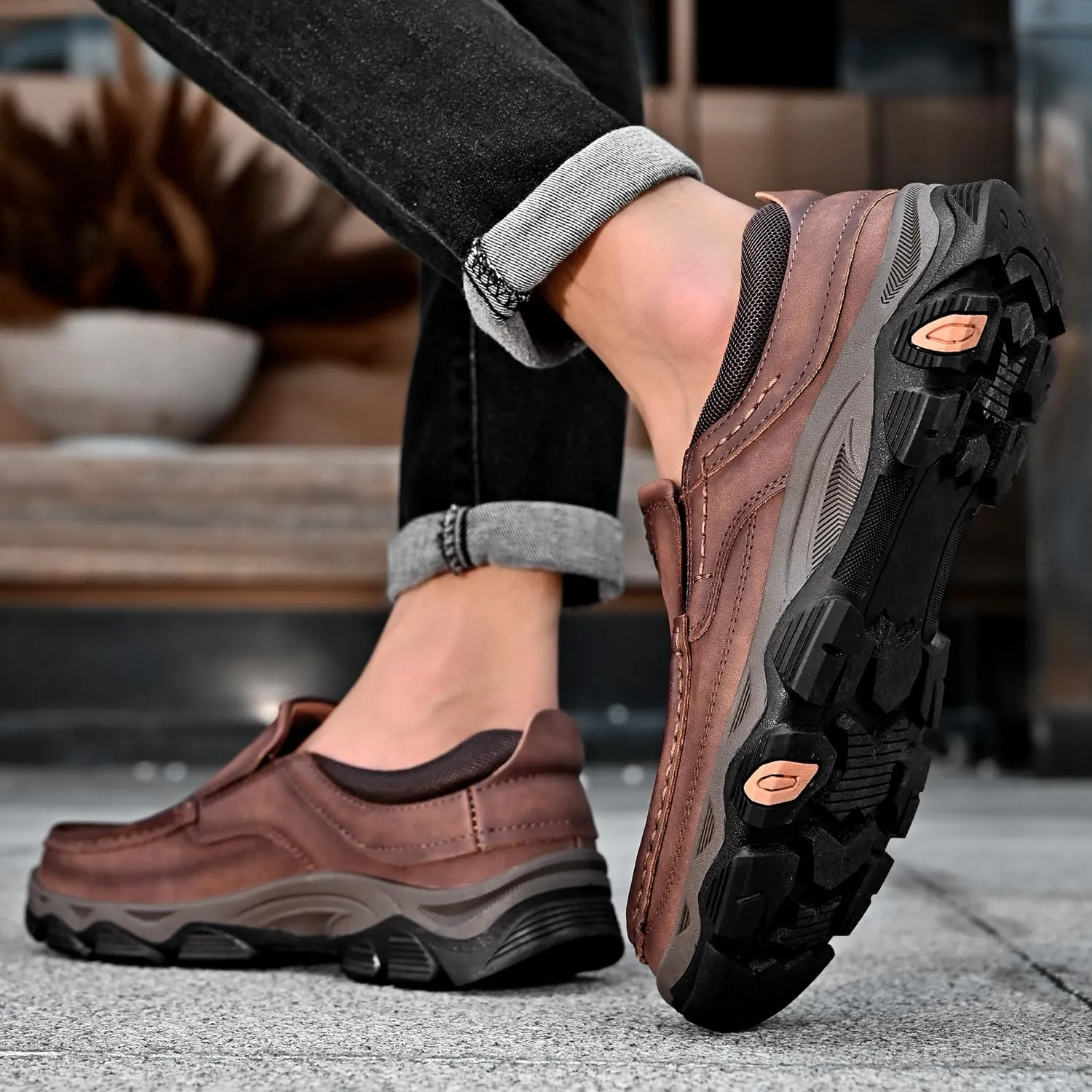 Men's Orthopedic Walking Shoes Genuine Leather Slip On Loafers, Comfortable Non-Slip Driving Loafers for Men