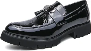 Men's Patent Leather Brogue Tassel Platform Loafers Comfortable Round Toe Slip-On Lug Sole Dress Shoes for Business Party Daily Wear