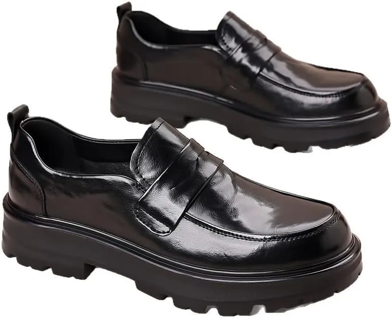 Men's Platform Wingtip Brogue Loafers Fashion Slip-On Round Anti-Slip Mid Chunky Heels Formal Dress