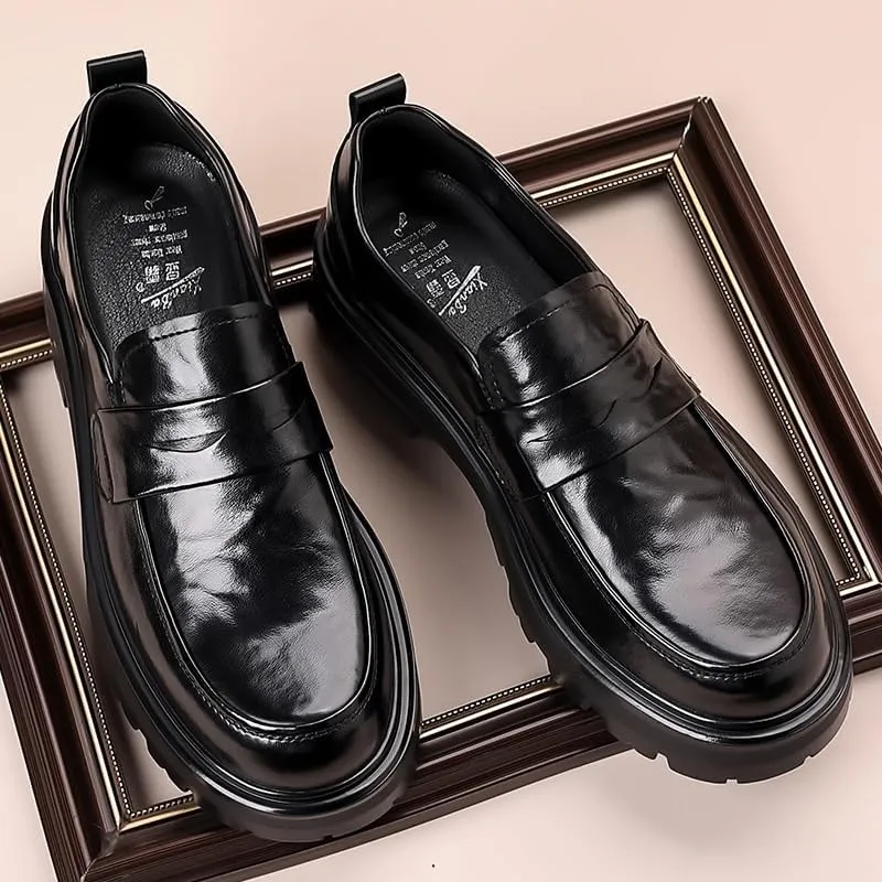 Men's Platform Wingtip Brogue Loafers Fashion Slip-On Round Anti-Slip Mid Chunky Heels Formal Dress