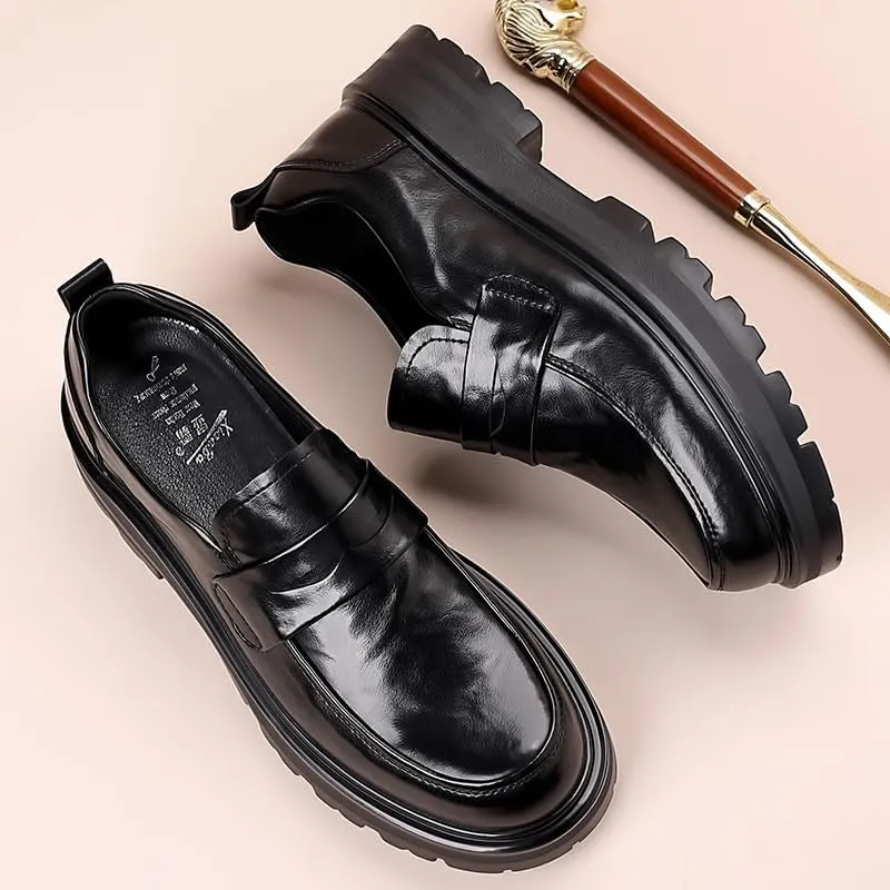 Men's Platform Wingtip Brogue Loafers Fashion Slip-On Round Anti-Slip Mid Chunky Heels Formal Dress