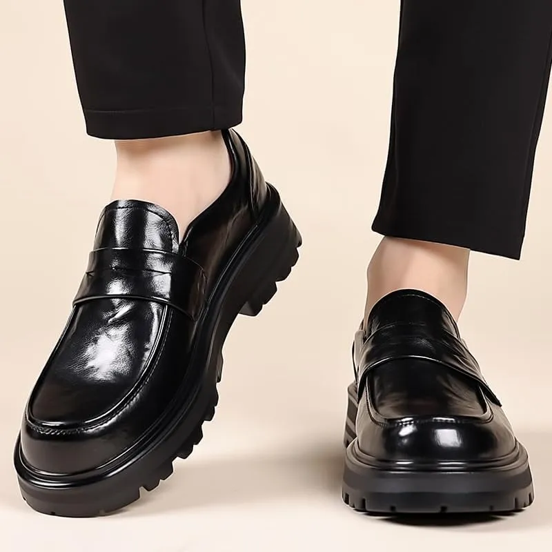 Men's Platform Wingtip Brogue Loafers Fashion Slip-On Round Anti-Slip Mid Chunky Heels Formal Dress