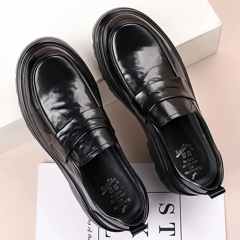 Men's Platform Wingtip Brogue Loafers Fashion Slip-On Round Anti-Slip Mid Chunky Heels Formal Dress