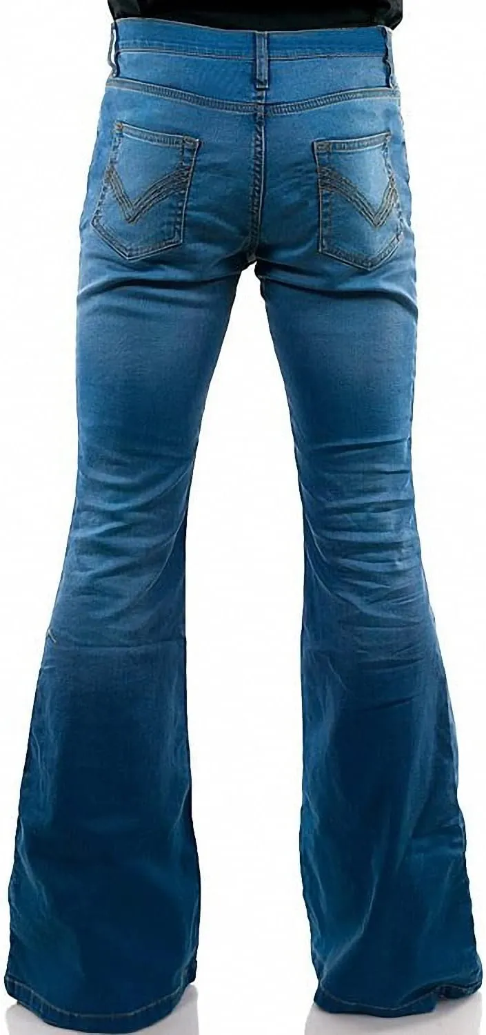 Men's Relaxed Vintage 60s 70s Bell Bottom Stretch Fit Classic Comfort Flared Flares Retro Leg Disco Denim Jeans Pants