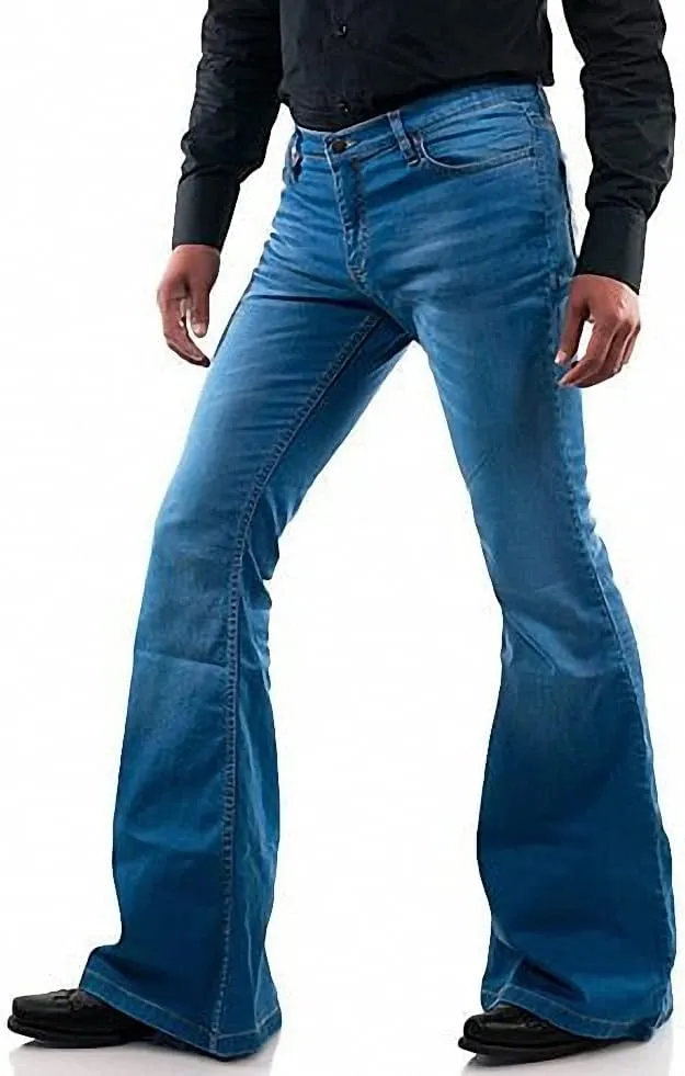 Men's Relaxed Vintage 60s 70s Bell Bottom Stretch Fit Classic Comfort Flared Flares Retro Leg Disco Denim Jeans Pants