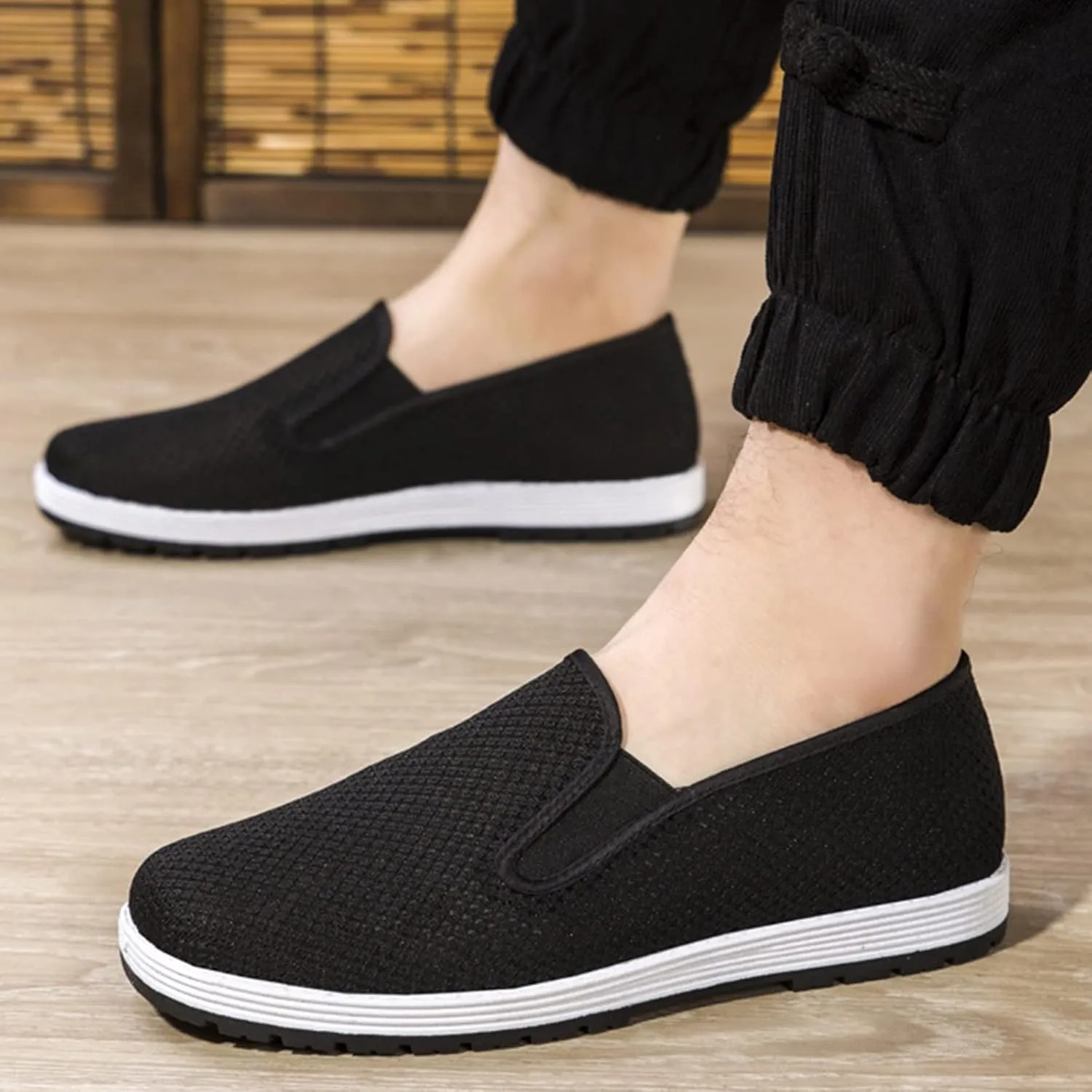 Mens Slip-On Breathable Mesh Martial Arts Old Chinese Beijing Cloth Shoes, Lightweight Non-Slip Comfortable Outdoor Fashion Breathable Rubber Sole, for Judo, Parkour, Park, Parkour