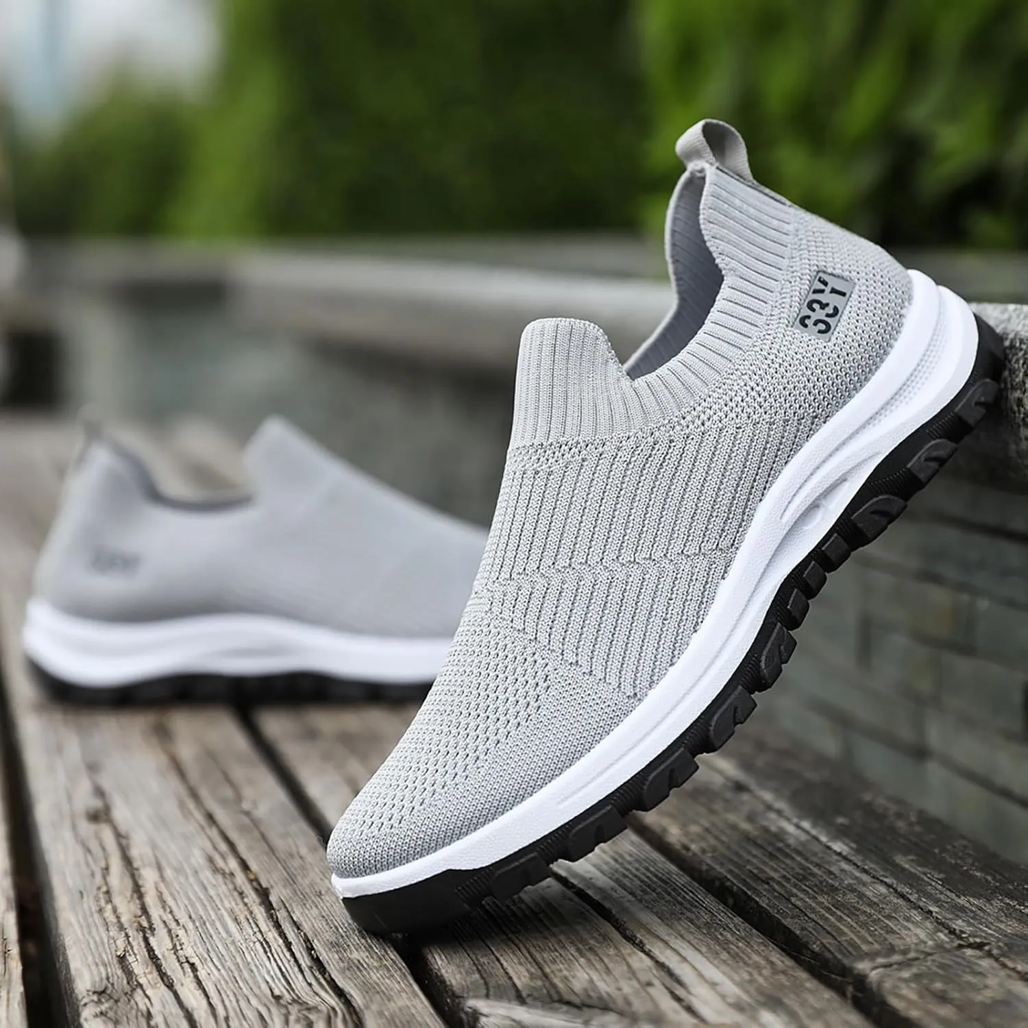 Men's Slip On Sock Shoes Breathable Mesh Sneakers Thick Bottom Non Slip Elastic Knit Sneaker Labor Work Shoes