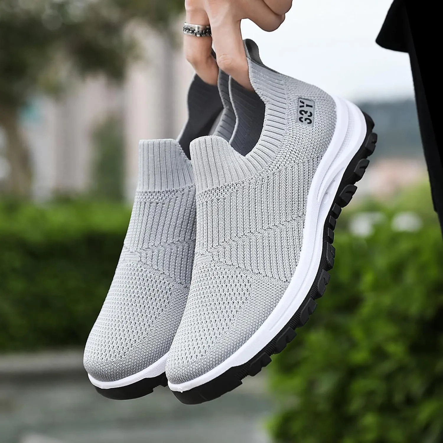 Men's Slip On Sock Shoes Breathable Mesh Sneakers Thick Bottom Non Slip Elastic Knit Sneaker Labor Work Shoes