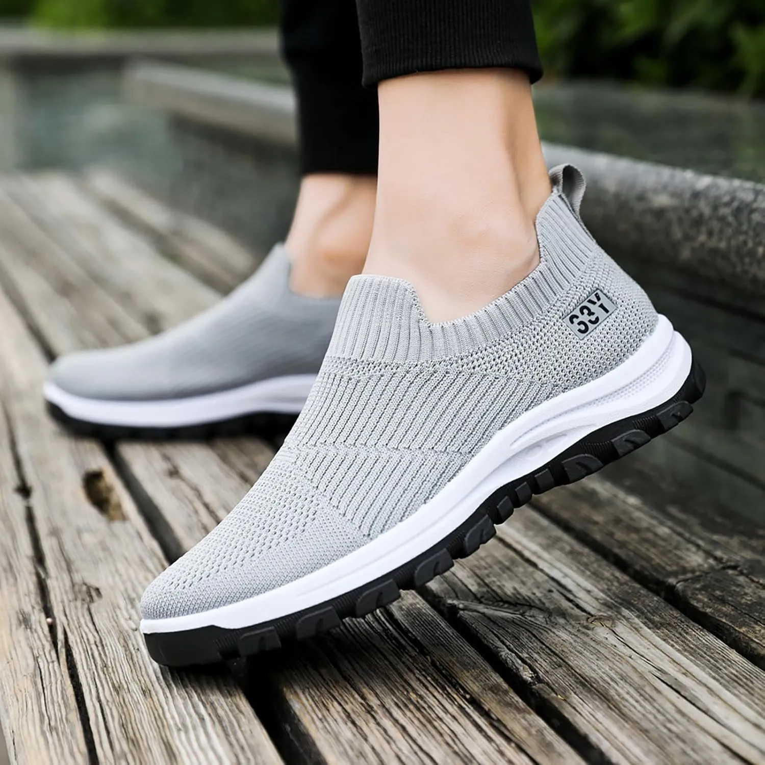 Men's Slip On Sock Shoes Breathable Mesh Sneakers Thick Bottom Non Slip Elastic Knit Sneaker Labor Work Shoes