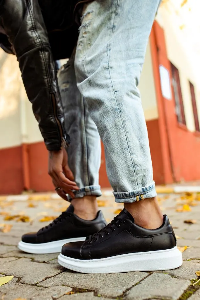 Mens Sneaker High Sole Casual Shoes 044 Black White (Patterned)