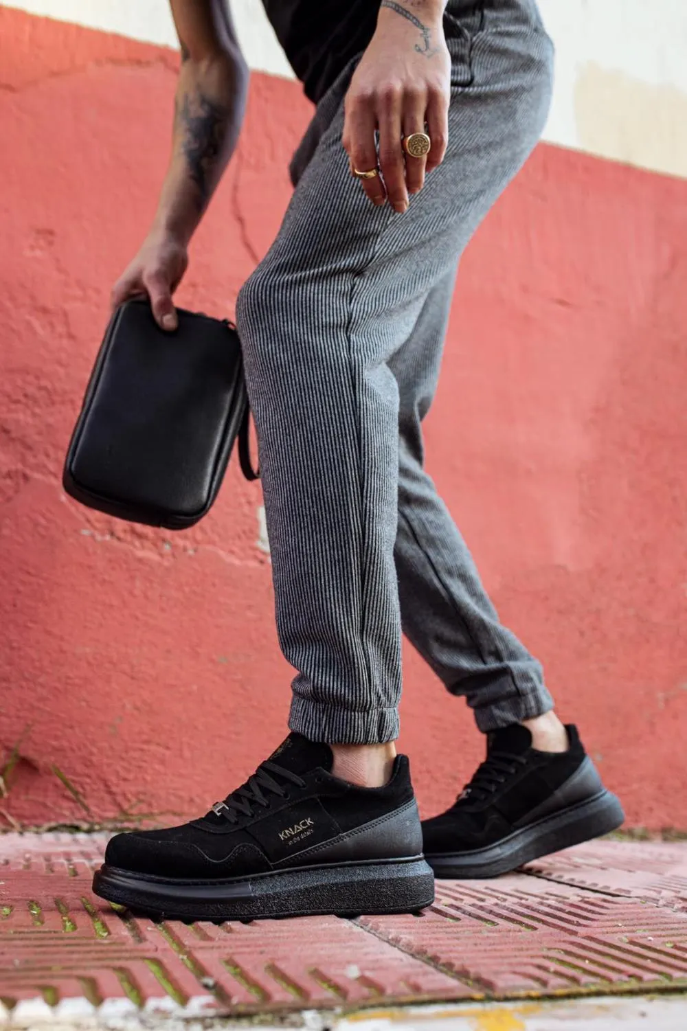 Mens Sneaker  High Sole Casual Suede Shoes 040 Full Black