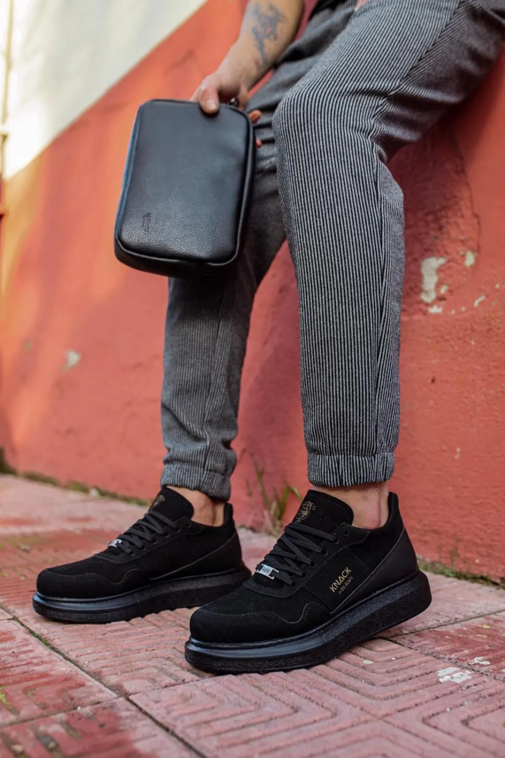 Mens Sneaker  High Sole Casual Suede Shoes 040 Full Black