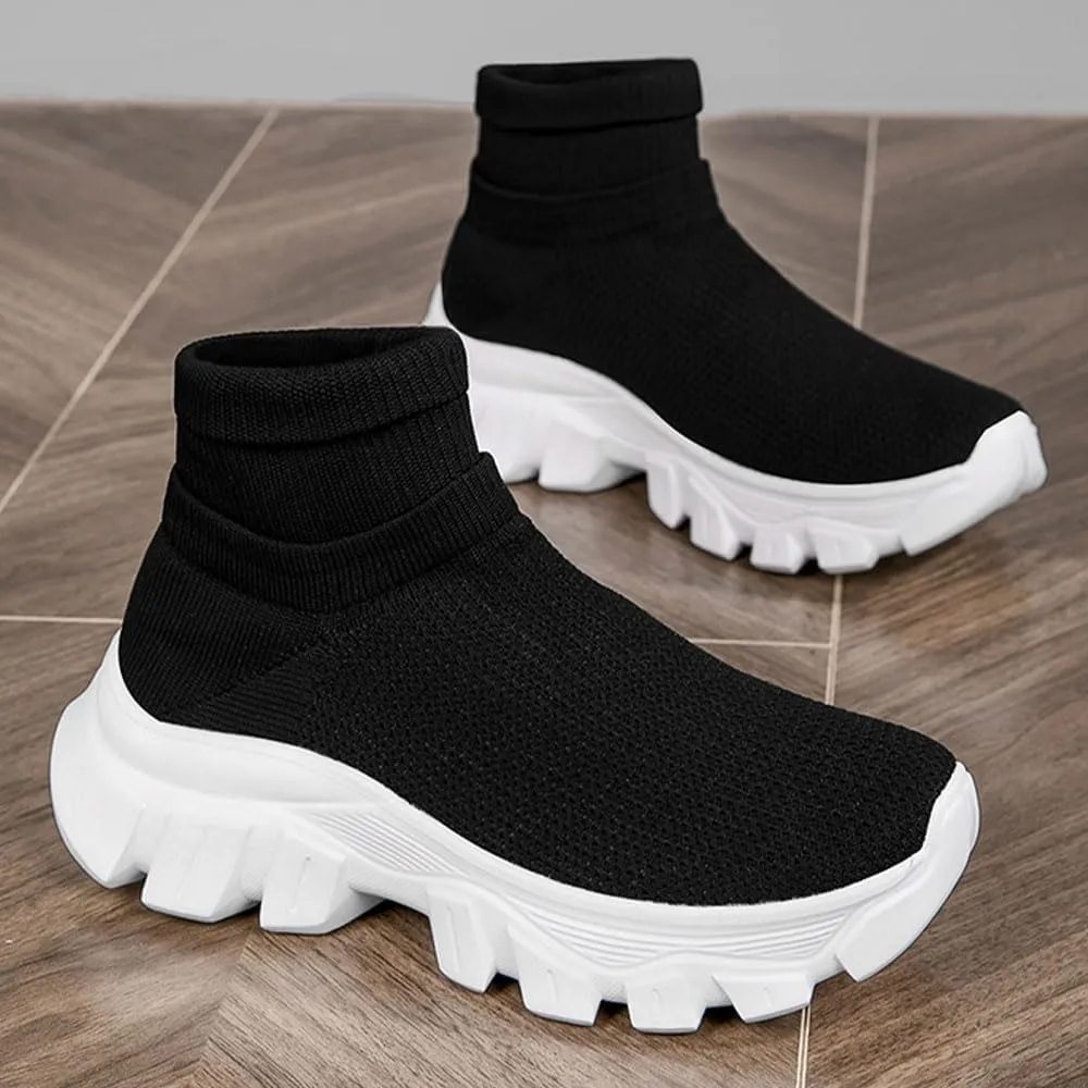Mens Trainers High Top Sneaker, Knit Platform Breathable Lightweight Walking Shoes, Womens Sport Slip On Jogging Sneakers for Indoor and Outdoor