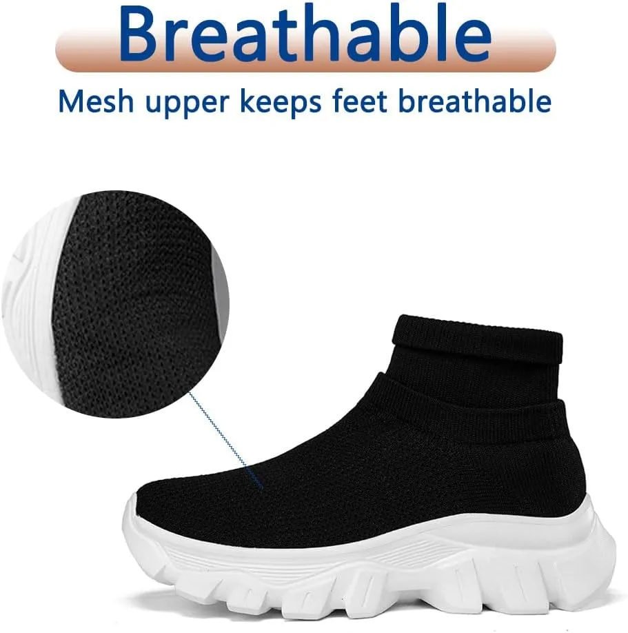 Mens Trainers High Top Sneaker, Knit Platform Breathable Lightweight Walking Shoes, Womens Sport Slip On Jogging Sneakers for Indoor and Outdoor