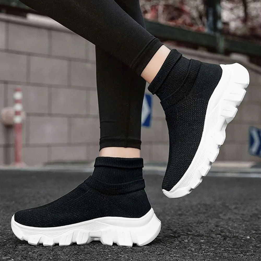 Mens Trainers High Top Sneaker, Knit Platform Breathable Lightweight Walking Shoes, Womens Sport Slip On Jogging Sneakers for Indoor and Outdoor