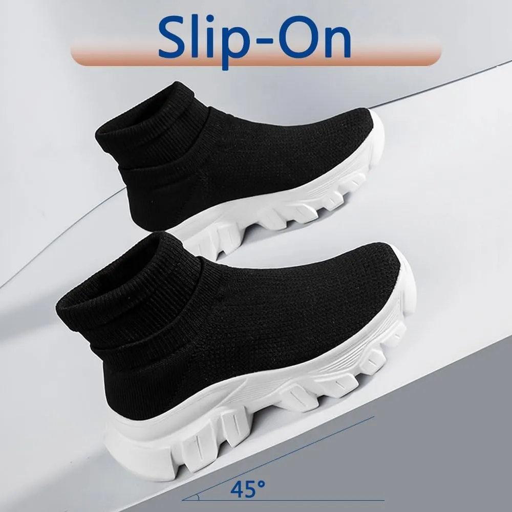 Mens Trainers High Top Sneaker, Knit Platform Breathable Lightweight Walking Shoes, Womens Sport Slip On Jogging Sneakers for Indoor and Outdoor
