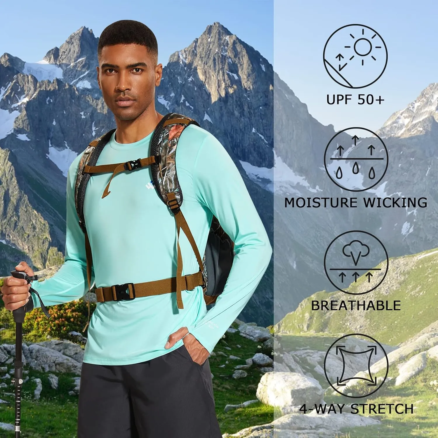 Men’s UPF 50  Lightweight Long Sleeve Casual T-Shirt Quick Dry UV Sun Protection for Outdoor Beach Hiking Fishing Exercise