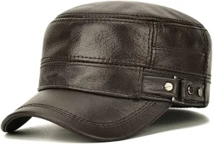 Men's Vintage Leather Military Cap Flat Top Winter Warm Male Cadet Army Caps Solid Color for Cold Weather