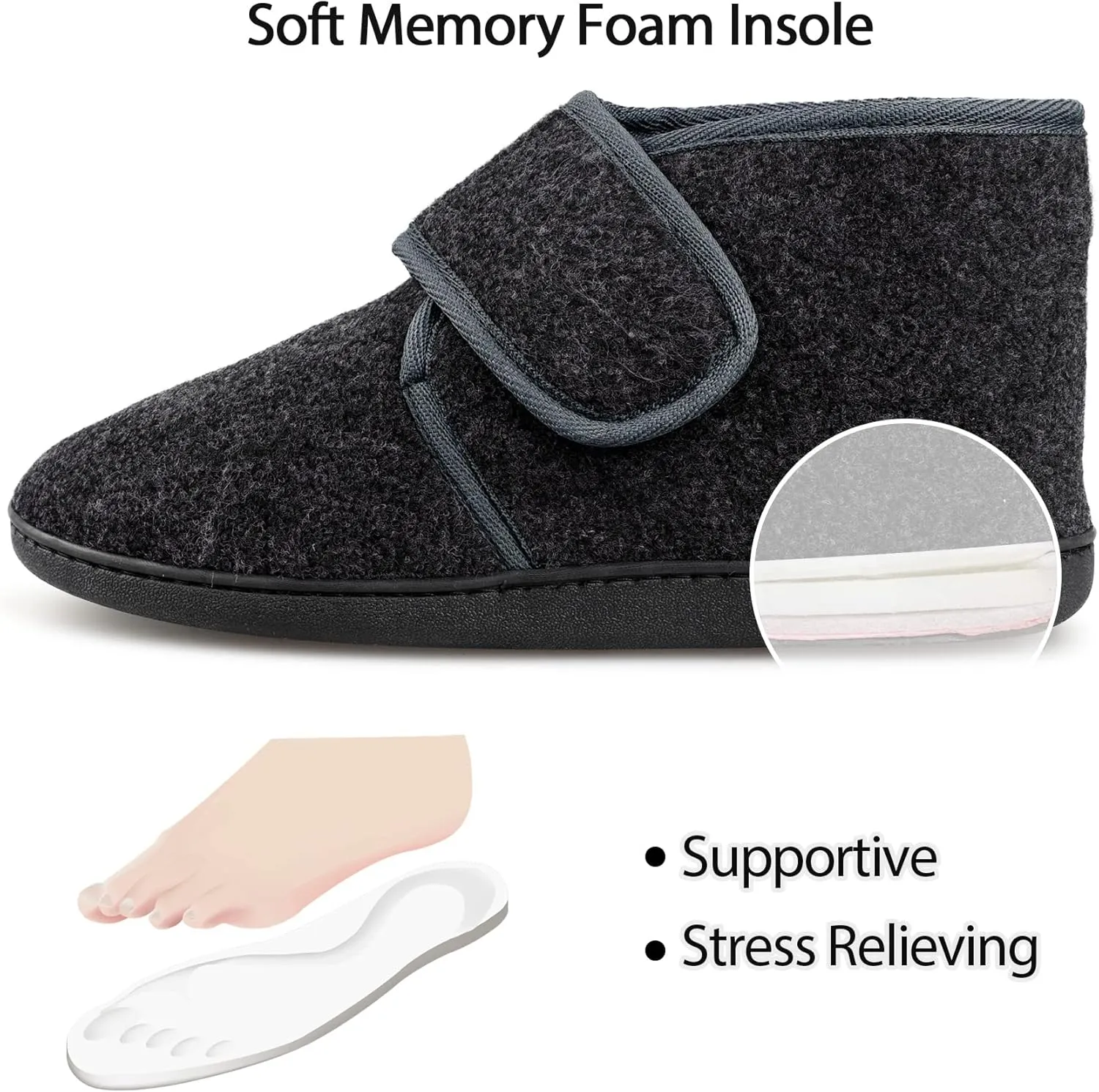 Mens Winter Warm Fuzzy Cozy Memory Foam Hook & Loop House Shoes Diabetic Arthritis Edema Swollen Indoor Outdoor Comfortable Adjustable Bootie Slippers