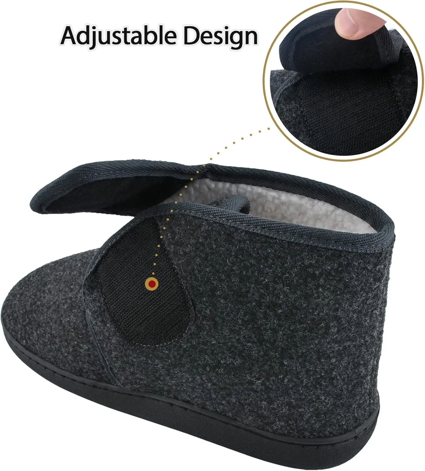 Mens Winter Warm Fuzzy Cozy Memory Foam Hook & Loop House Shoes Diabetic Arthritis Edema Swollen Indoor Outdoor Comfortable Adjustable Bootie Slippers
