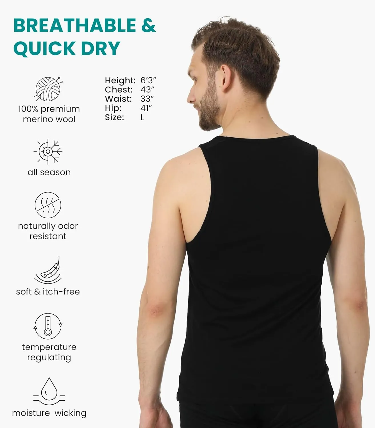 Merino Wool Tank Top Men - Active Merino Wool Undershirt Moisture Wicking Breathable Anti-Odor Lightweight Base Layer