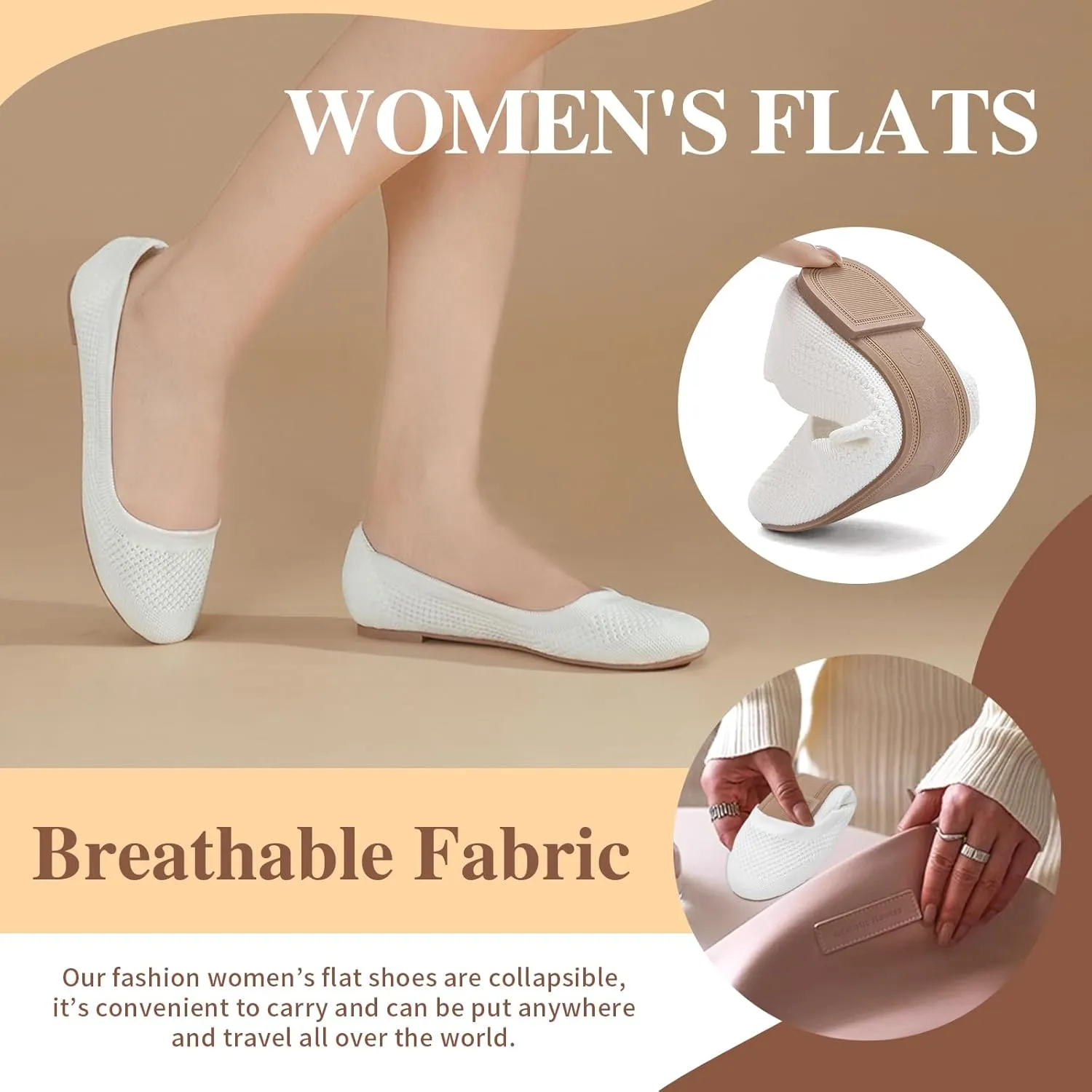 Mesh Knit Ballet Flat Shoes for Women, Classic Round Toe Flats Foldable, Ladies Ballerina Walking Dress Shoes, Slip on Machine Washable Lightweight Loafers Flats