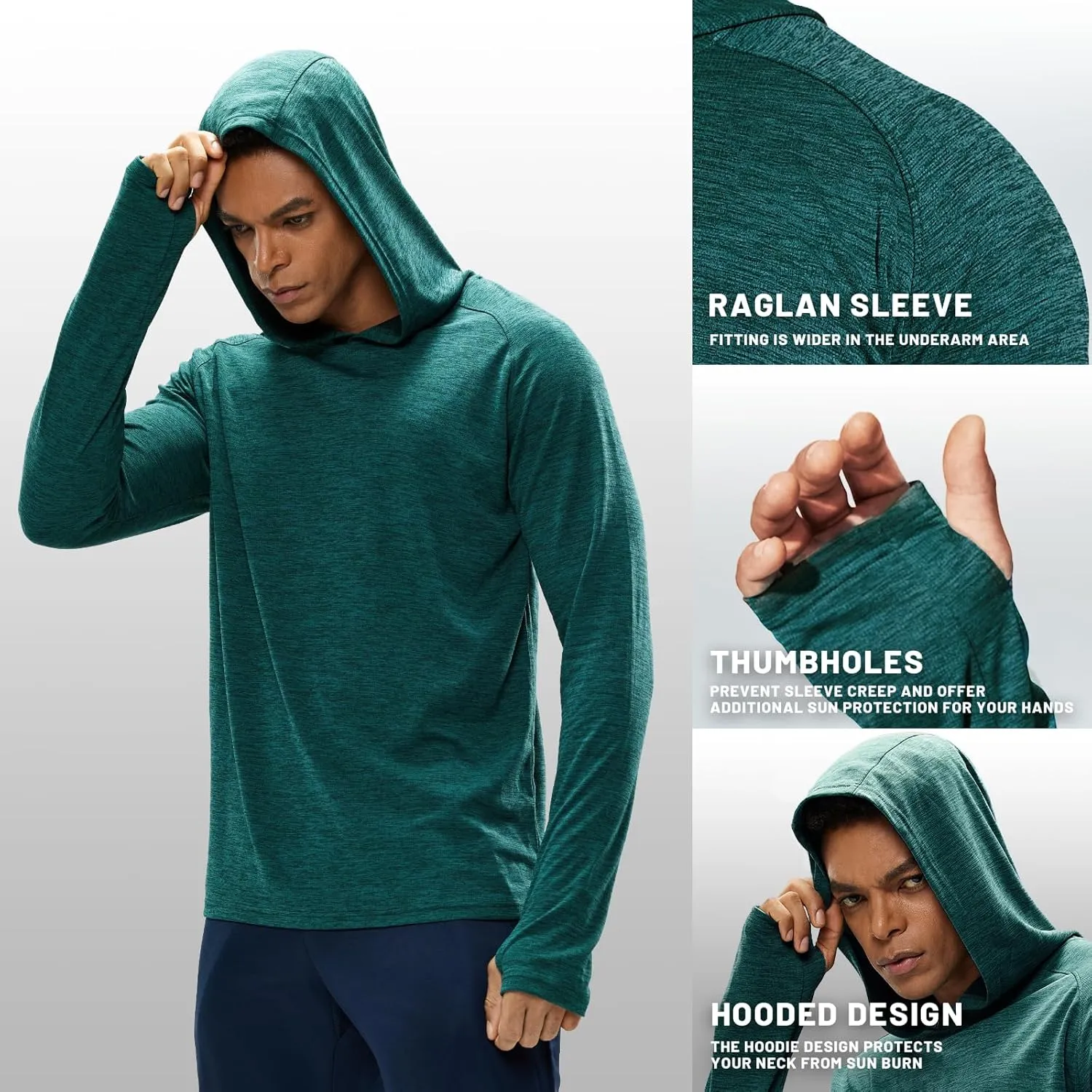 MIER Men's UPF 50  Sun Protection Hoodie Long Sleeve SPF Fishing Hiking Running Thumbhole Shirts Hooded Quick Dry Lightweight