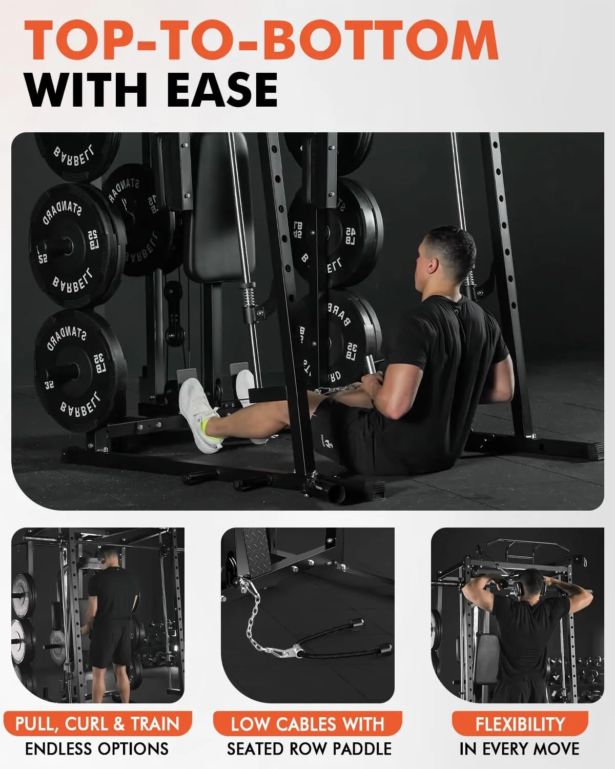 Mikolo Smith Machine with Weight Bar and 8 Weight Storage Pin, 2000 Pounds Capacity Multi-Function Power Cage Squat Rack with Cable Crossover, T-bar Row Attachment and Other Attachments