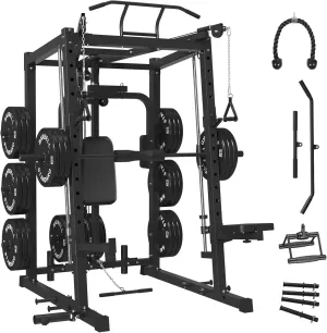 Mikolo Smith Machine with Weight Bar and 8 Weight Storage Pin, 2000 Pounds Capacity Multi-Function Power Cage Squat Rack with Cable Crossover, T-bar Row Attachment and Other Attachments