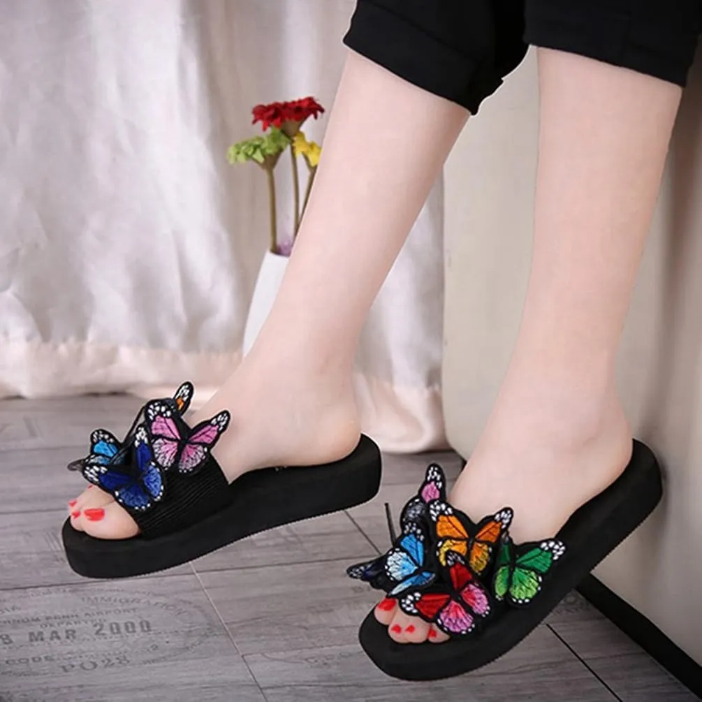 MIOKE Summer Flat Slide Sandals For Womens Butterfly Platform Low Heel Comfy Nonslip Casual Beach Sandals