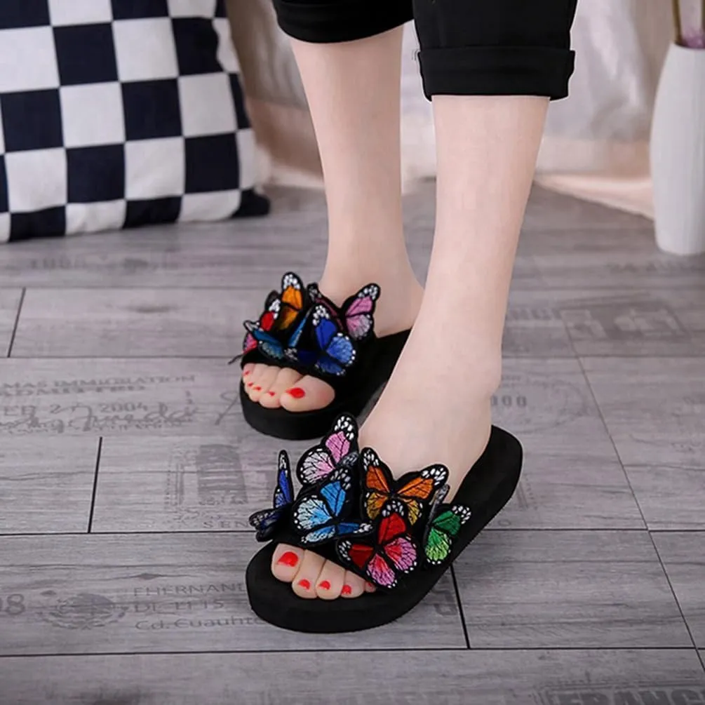 MIOKE Summer Flat Slide Sandals For Womens Butterfly Platform Low Heel Comfy Nonslip Casual Beach Sandals