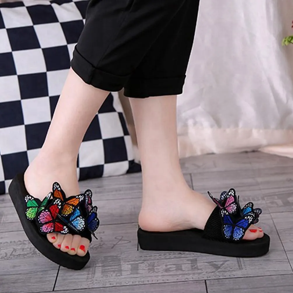 MIOKE Summer Flat Slide Sandals For Womens Butterfly Platform Low Heel Comfy Nonslip Casual Beach Sandals