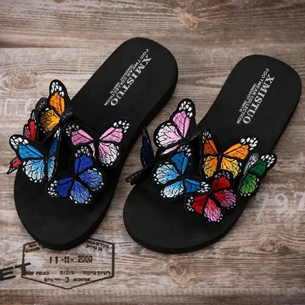 MIOKE Summer Flat Slide Sandals For Womens Butterfly Platform Low Heel Comfy Nonslip Casual Beach Sandals