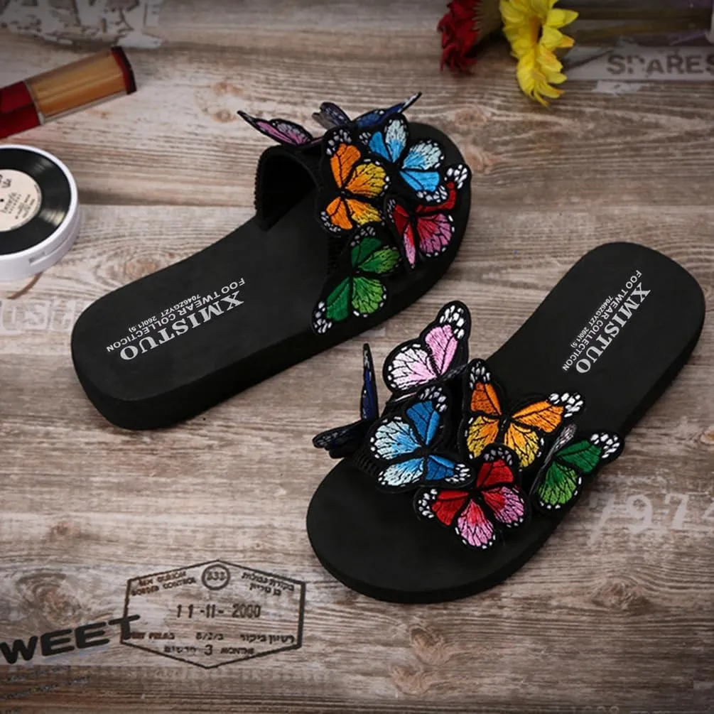 MIOKE Summer Flat Slide Sandals For Womens Butterfly Platform Low Heel Comfy Nonslip Casual Beach Sandals